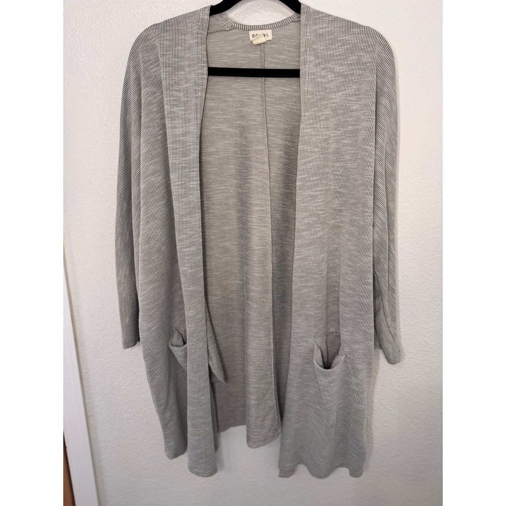 Donni Grey Striped Ribbed Open Front Cardigan Pockets OSFA Grandmacore relaxed